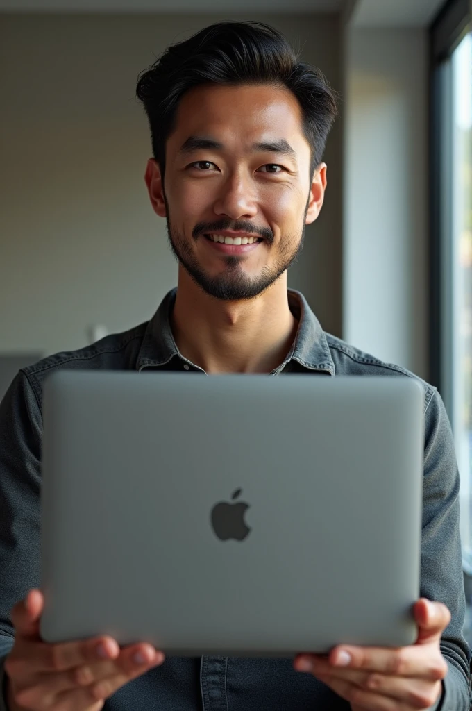 That the face is the same as the reference, that he is with the laptop in his hand
