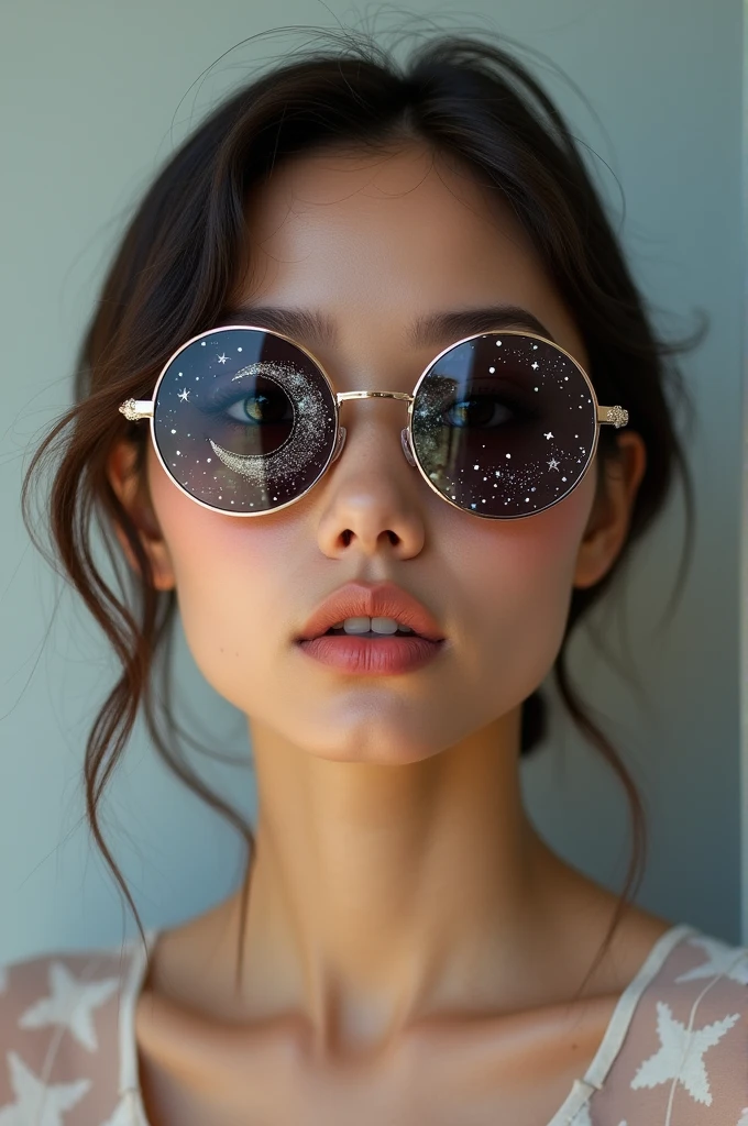 The model is wearing glass sunglasses with stars and the moon on the glass