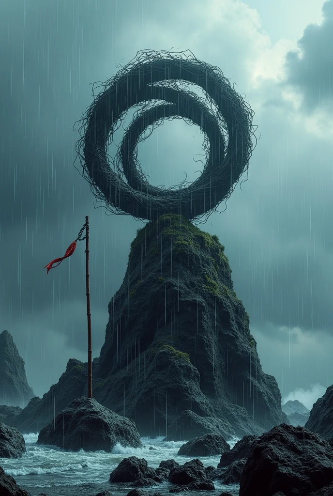 Wind symbol included BO stick on black rock with heavy rain and thunder weather condition with 3d wind