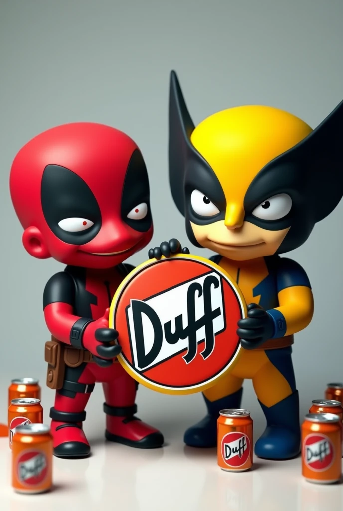 Deadpool and Wolverine doll holding a round red, black and white logo of the Duff Word brand with beer cans