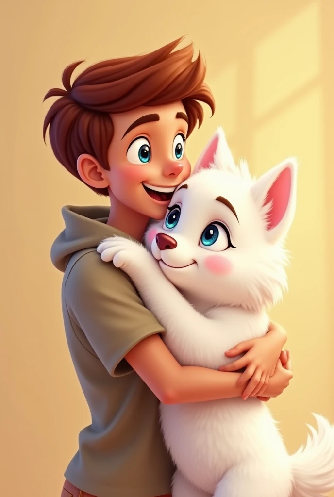 Create a Disney-style cartoon image of a young man (no child) Chestnut hugging a small totally WHITE husky with blue eyes with a beige background That same image but make the white husky without any other color
