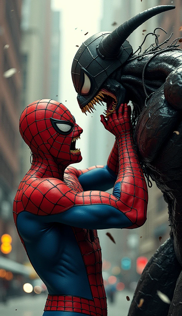 Spider-Man fights with every fiber of his being, trying to maintain control as the creature feeds his darkest doubts and fears. The villain, the enigmatic Mimic, absorbs and amplifies Peter's inner chaos, turning him into a devastating force. In the midst of the confrontation, Peter realizes that in order to defeat this threat, he will have to face the truth he fears most: the darkness within him. Retro comic style artwork, perfect composition,hyperrealistic,super detailed,high quality,sharp focus,studio photo,intricate details,highly detailed