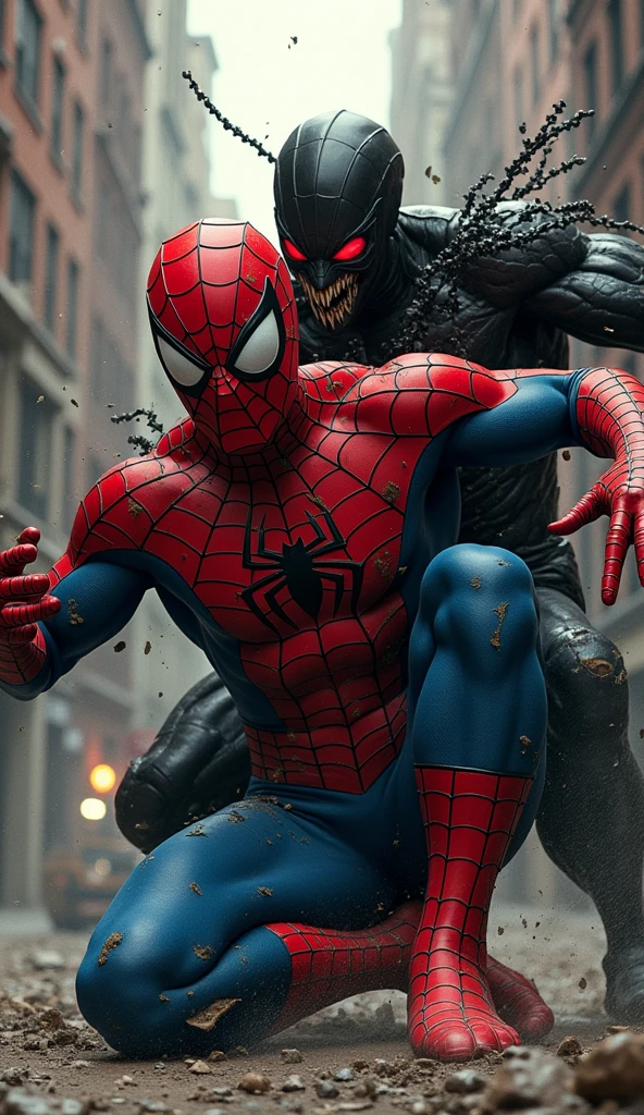 Spider-Man fights with every fiber of his being, trying to maintain control as the creature feeds his darkest doubts and fears. The villain, the enigmatic Mimic, absorbs and amplifies Peter's inner chaos, turning him into a devastating force. In the midst of the confrontation, Peter realizes that in order to defeat this threat, he will have to face the truth he fears most: the darkness within him. Retro comic style artwork, perfect composition,hyperrealistic,super detailed,high quality,sharp focus,studio photo,intricate details,highly detailed