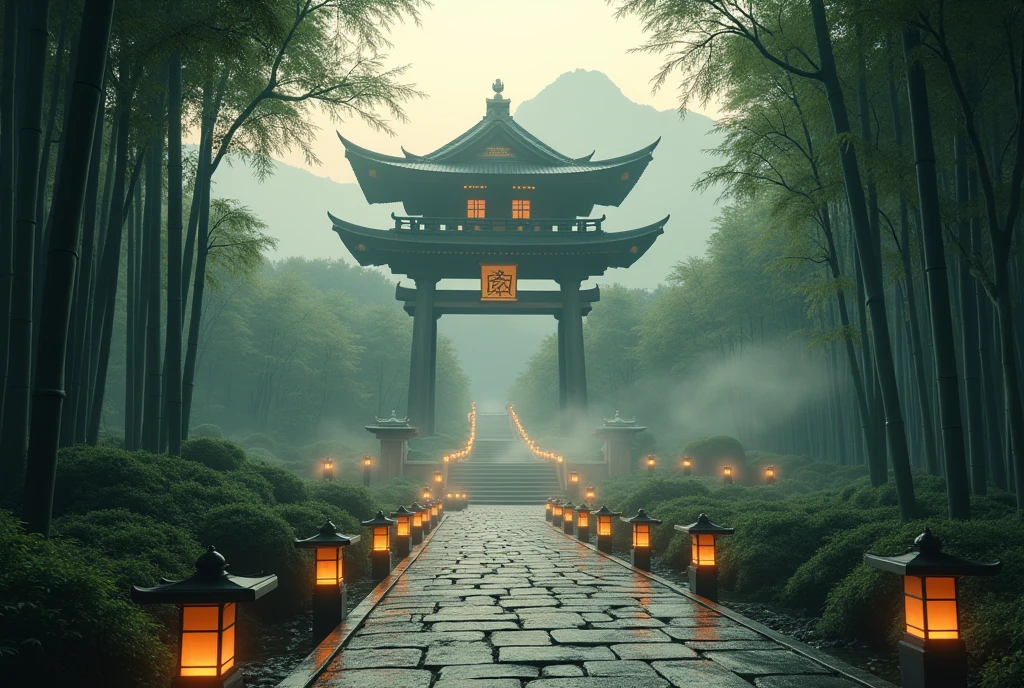 Torii Gate, Temple, Bamboo forest, Fantasy, Cinematic Environment, Cinematic Lighting, Path leading to the temple, lamps at the side, temple at the top of the mountain, torii gate as entrance, fantasy environment
