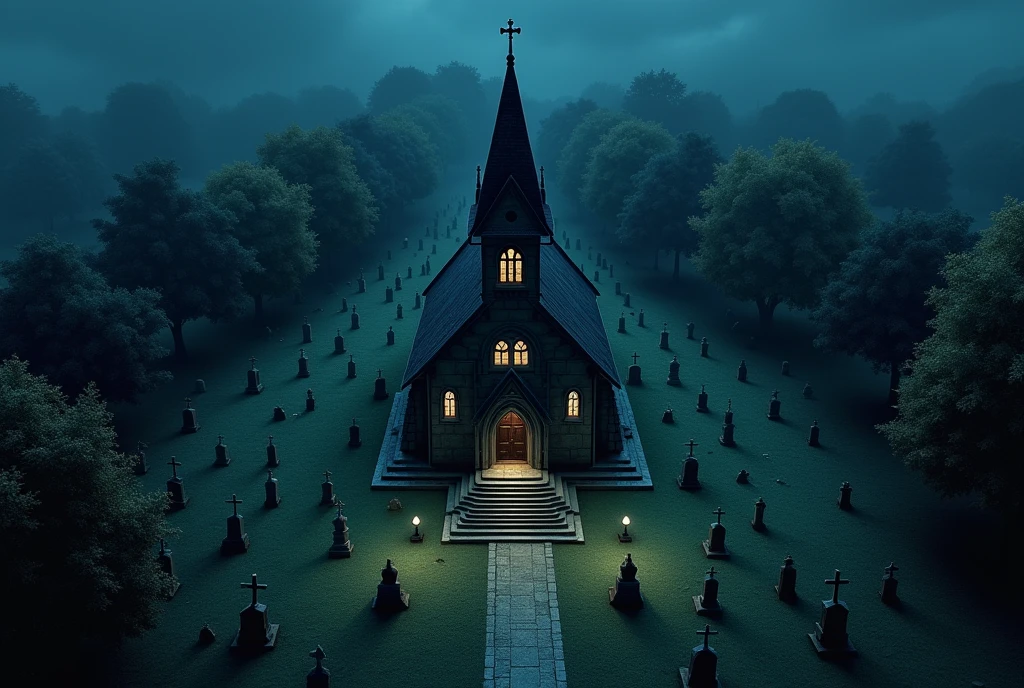 vampire the masquerade, map rpg, ((a church, in a cemetery, many graves, on a small hill,)), game art, birdseye straight top-down shot from a drone, battlemap, current modern theme, seen from above, role-playing game, empty location, nighttime environment, (with realistic proportions and textures, intricate details, handdrawn, vibrant, cinematic lighting, masterpiece, 8k:1.2)