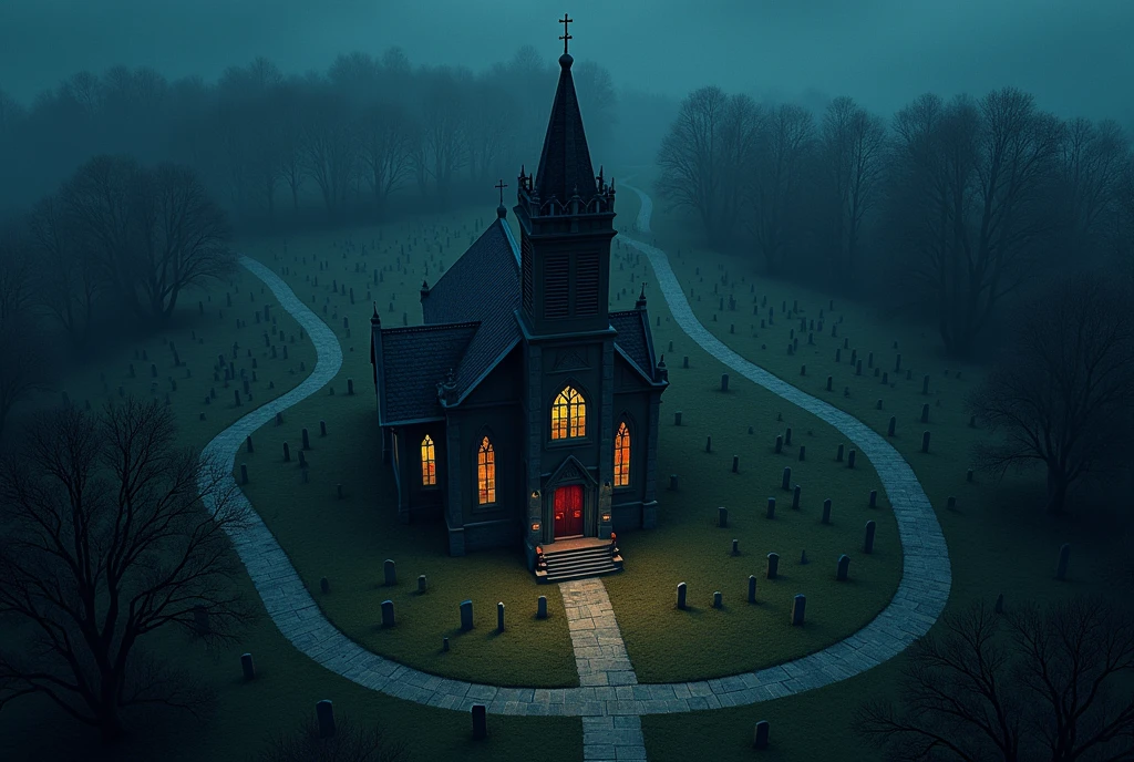 vampire the masquerade, map rpg, ((a church, in a cemetery, many graves, on a small hill,)), game art, birdseye straight top-down shot from a drone, battlemap, current modern theme, seen from above, role-playing game, empty location, nighttime environment, (with realistic proportions and textures, intricate details, handdrawn, vibrant, cinematic lighting, masterpiece, 8k:1.2)