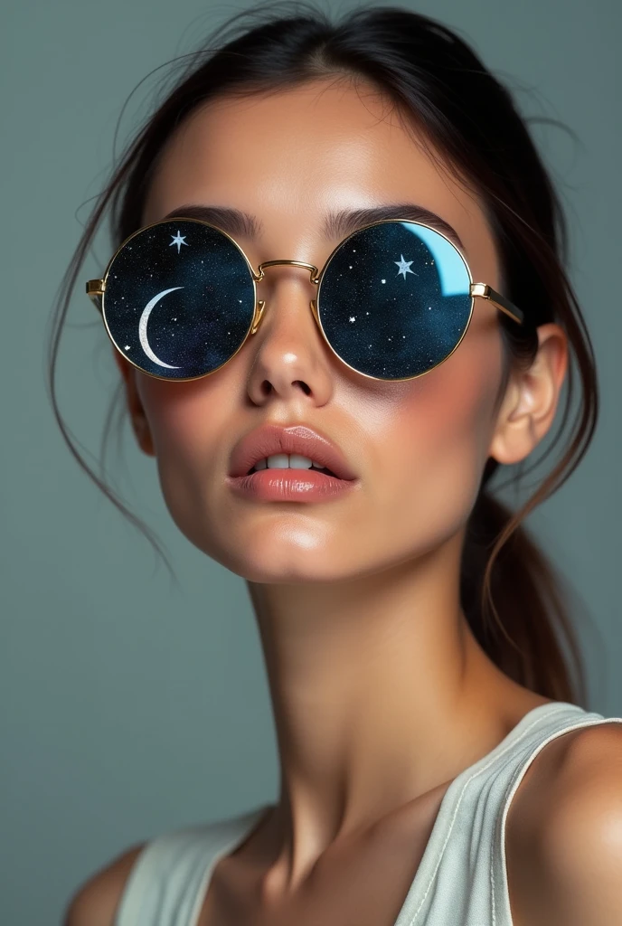 The model is wearing glass sunglasses with stars and the moon on the glass