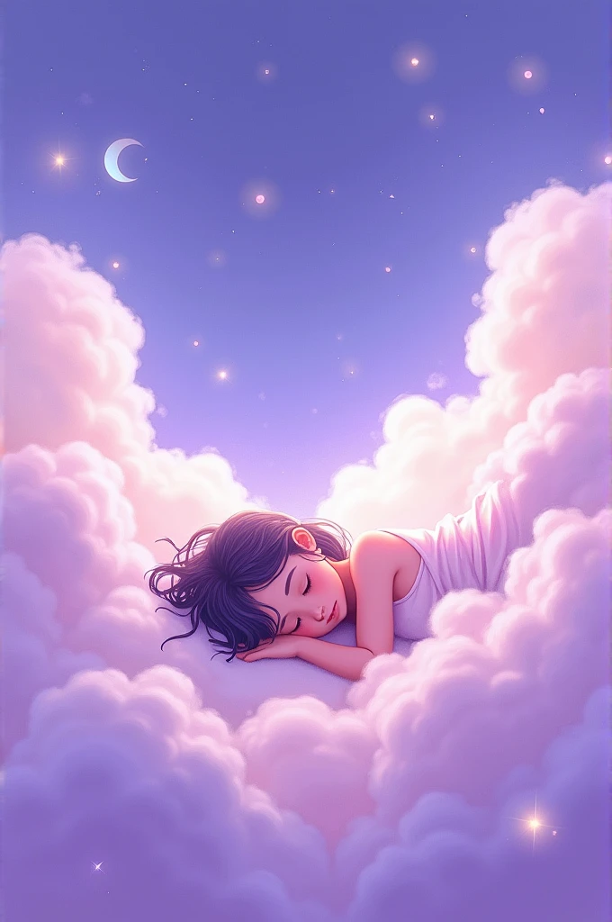 A girl lying in the clouds and the sky is purple colour look animated