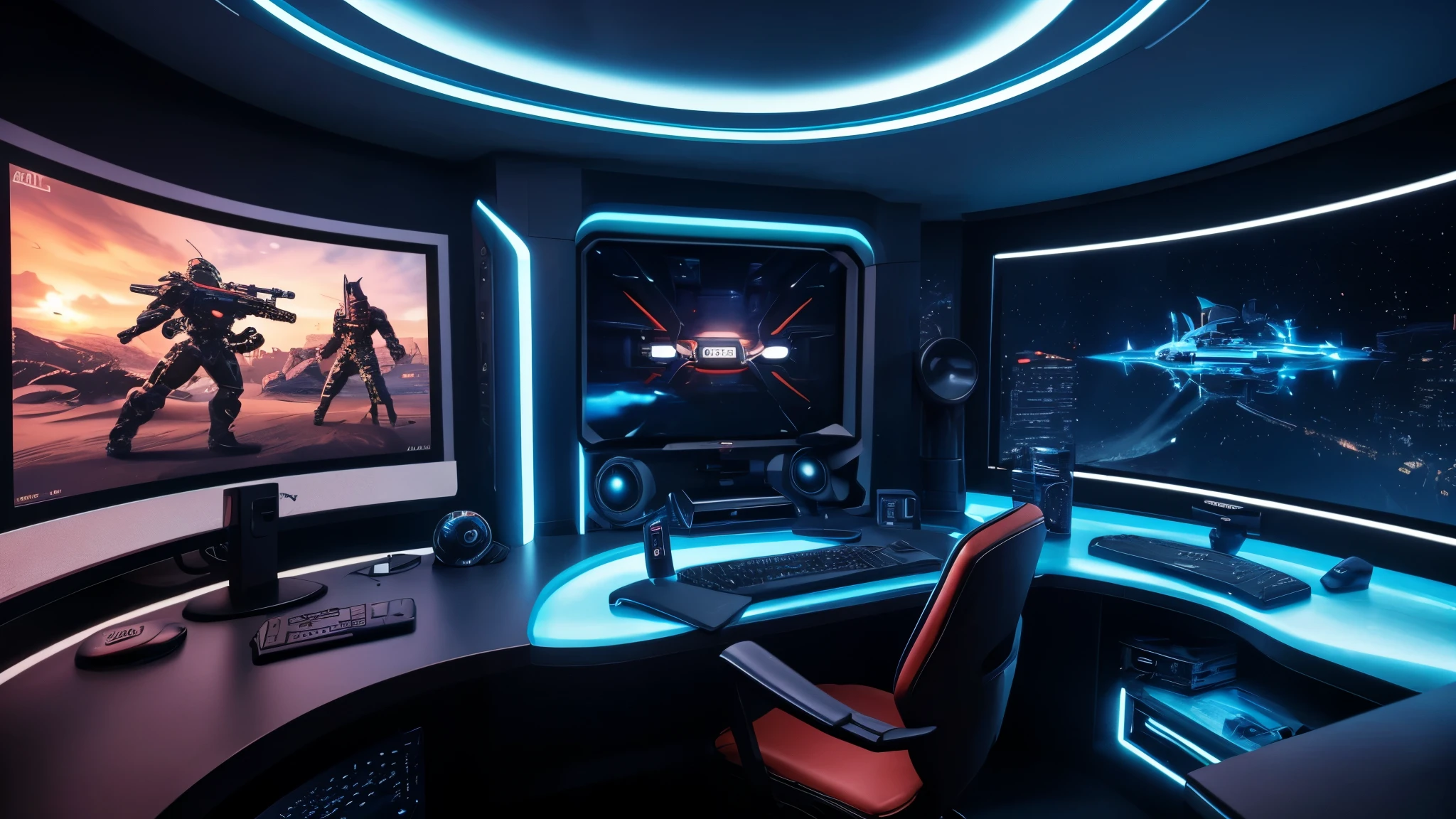 scifi, futuristic dark pc gaming room, 3 curved monitors, futuristic, hightech, hard-surface design, daylight, much tech, much electronic, very cozy, ambient light, realistic view, wide angle, year 2224