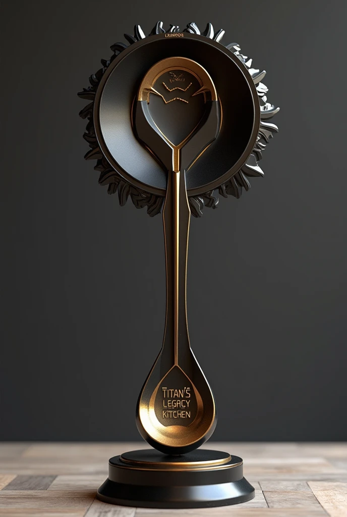 "Create a modern trophy, elegant and spectacular, designed for a cooking contest. The central element of the trophy must represent a kitchen utensil.,  a chef&#39;s spoon, with stylized and dynamic details that reflect culinary skill and creativity. Title (TITAN&#39;S LEGACY KITCHEN) kitchen text written in spanish.must be clearly visible on the base or integrated into the design. The cookware and base should be finished in matte black and matte gold., providing a luxurious and contemporary look. The base of the trophy should be circular and elegant., complementing the overall black and gold design. The design should emphasize a futuristic and sophisticated style, focused on the kitchen utensil and base. Make sure the entire trophy looks like a realistic 3D printed object with intricate details and futuristic textures.