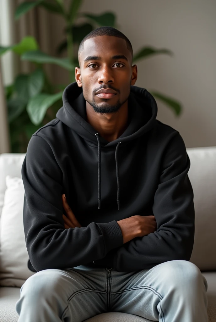 best qualityer:1.4), (ultra high resolution:1.2), (photorrealistic:1.4), (8k, CRU photo:1.2), a thin young man of 20 years old, skin black, with a smooth, beardless face, buzzcut haircut short on the sides and low on top, is wearing a black cropped hooded sweatshirt. He&#39;s wearing a hood. He&#39;s wearing light jeans. He is sitting on the white sofa in a room. his arms are crossed.