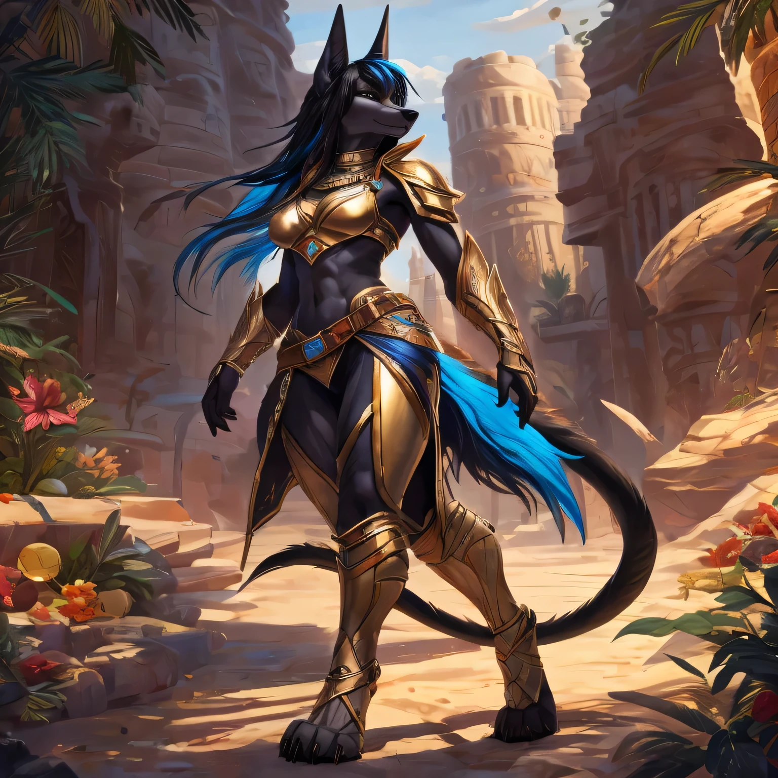 a furry drawing of a female walking near an oasis, full body picture, digitigrade legs, wolf paws, wolf foot paws, wearing golden jackal armor with blue highlights, jackal warrior, attractive jackal girl, female anubis, ((black hair with blue highlights 1.2)), ((Detailed eyes 1.2)), ((Detailed hands 1.5)), black muzzle, solo, wolf tail, furry tail, jackal tail, anthropomorphic jackal ninja, furry fantasy art, anthromorphic jackal, jackal girl, female anthropomorphic wolf, anthropomorphic female jackal, side view, head turned toward viewer