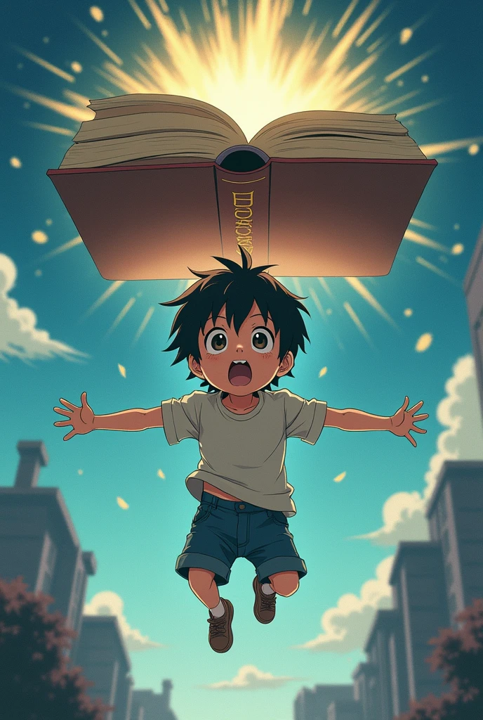 A anime boy with shocking reaction in the air and top of his head a book in soul form which is biger than the boy and the name of book is Bookmark 