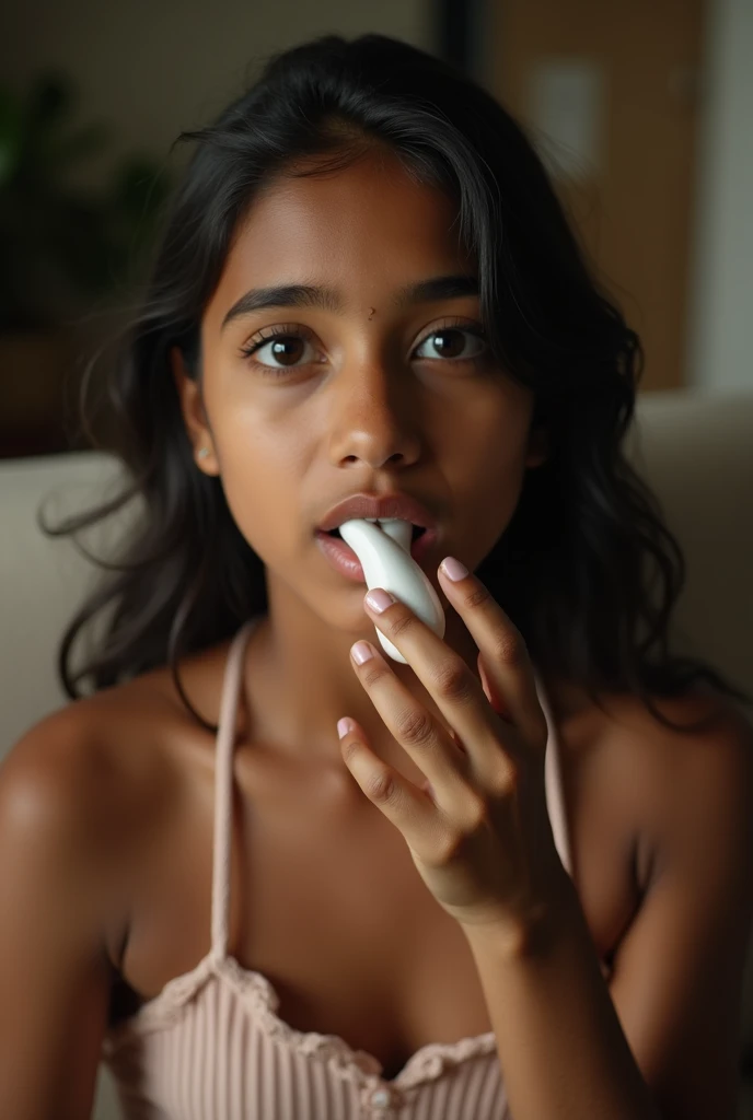 A young Indian teen girl taking keeping penis inside mouth on a sofa without clothes realistic