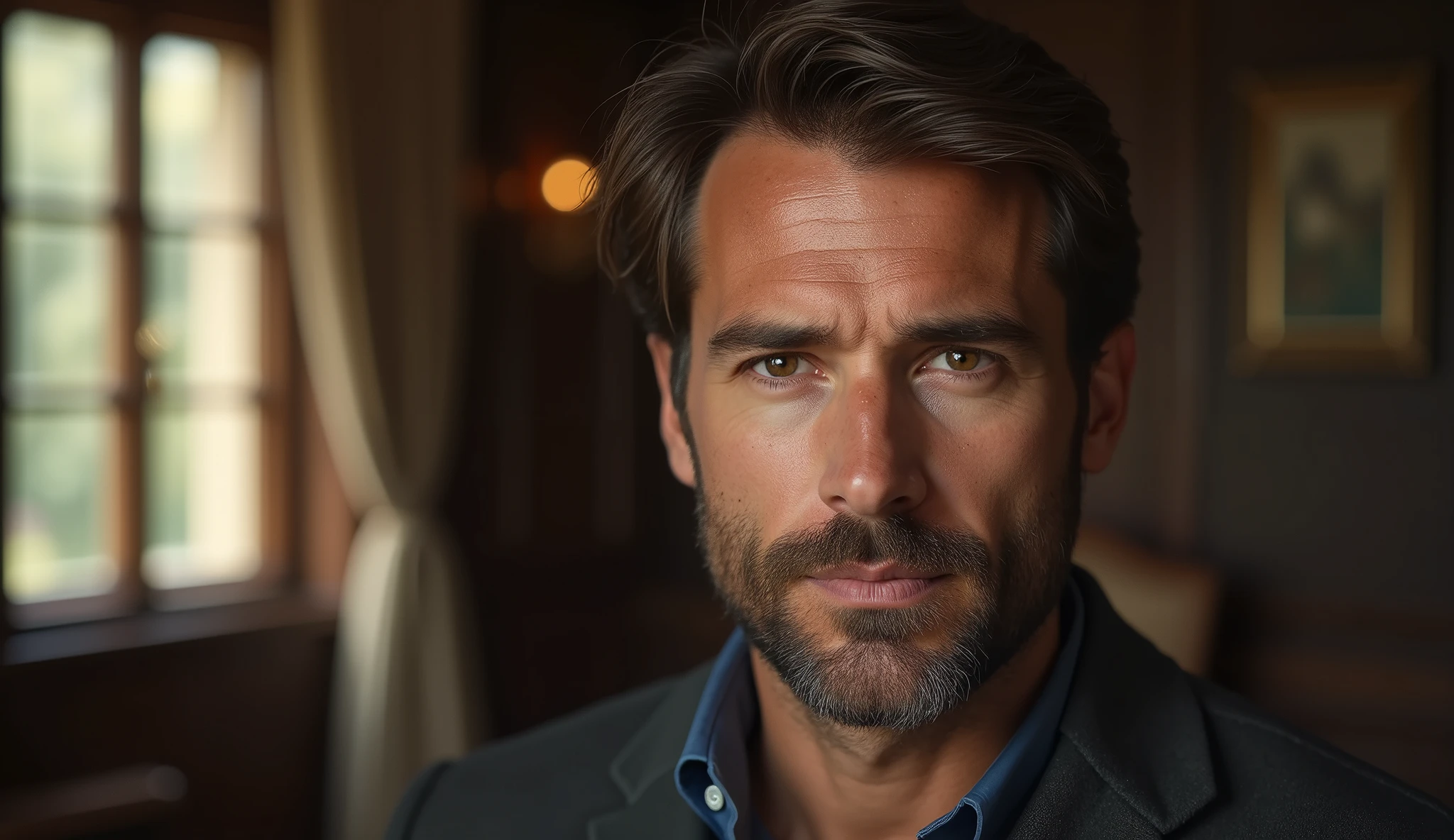 Ultra-realistic portrait of a handsome man in his thirties, the main subject of the image. He should have brown eyes, short, well-combed brown hair, a well-groomed face, and a neatly trimmed beard. He has a serious expression and looks directly at the camera with an air of friendliness. He is in an indoor environment, suggesting an office in a large traditional mansion, with natural light coming from the side, creating a soft effect that creates diffuse shadows, enhancing the texture of the skin and the brightness of the eyes, and highlighting the angular features of the face. The background should be wide and blurred, creating a sense of depth and containing everything that makes up the setting of an office in a large mansion, without taking focus away from the main subject. The image should convey a warm and introspective feeling, with a touch of mystery and contemplation. The photo should capture extreme detail, with high quality 8k rendering, while maintaining the serene and enigmatic atmosphere. High quality photography, 8k rendering, extreme detail, realistic portrait, introspective atmosphere, soft and diffused lighting, natural light.