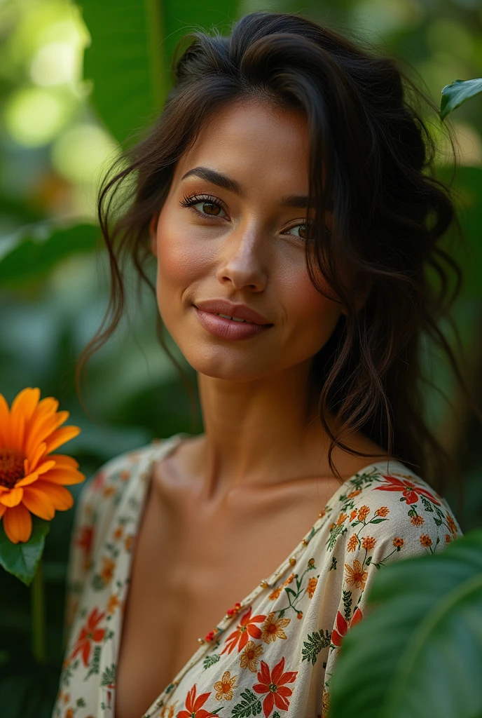 A Brazilian woman in a lush tropical garden, wearing an open shirt with a floral print, with a close-up capturing the harmonious beauty between her breasts and the natural flowers, showing off your natural charm and outgoing personality.