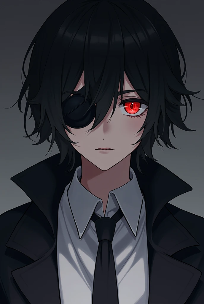 Japanese anime panel: a young man with medium hair, cor preto, an eye patch on the left side, red colored eye, white shirt with a black cyberpunk style overcoat