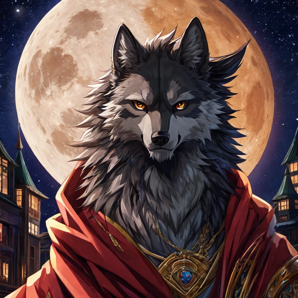 Portrait of a majestic dark grey wolf in anime style. A full moon in the background. Anatomically correct.
