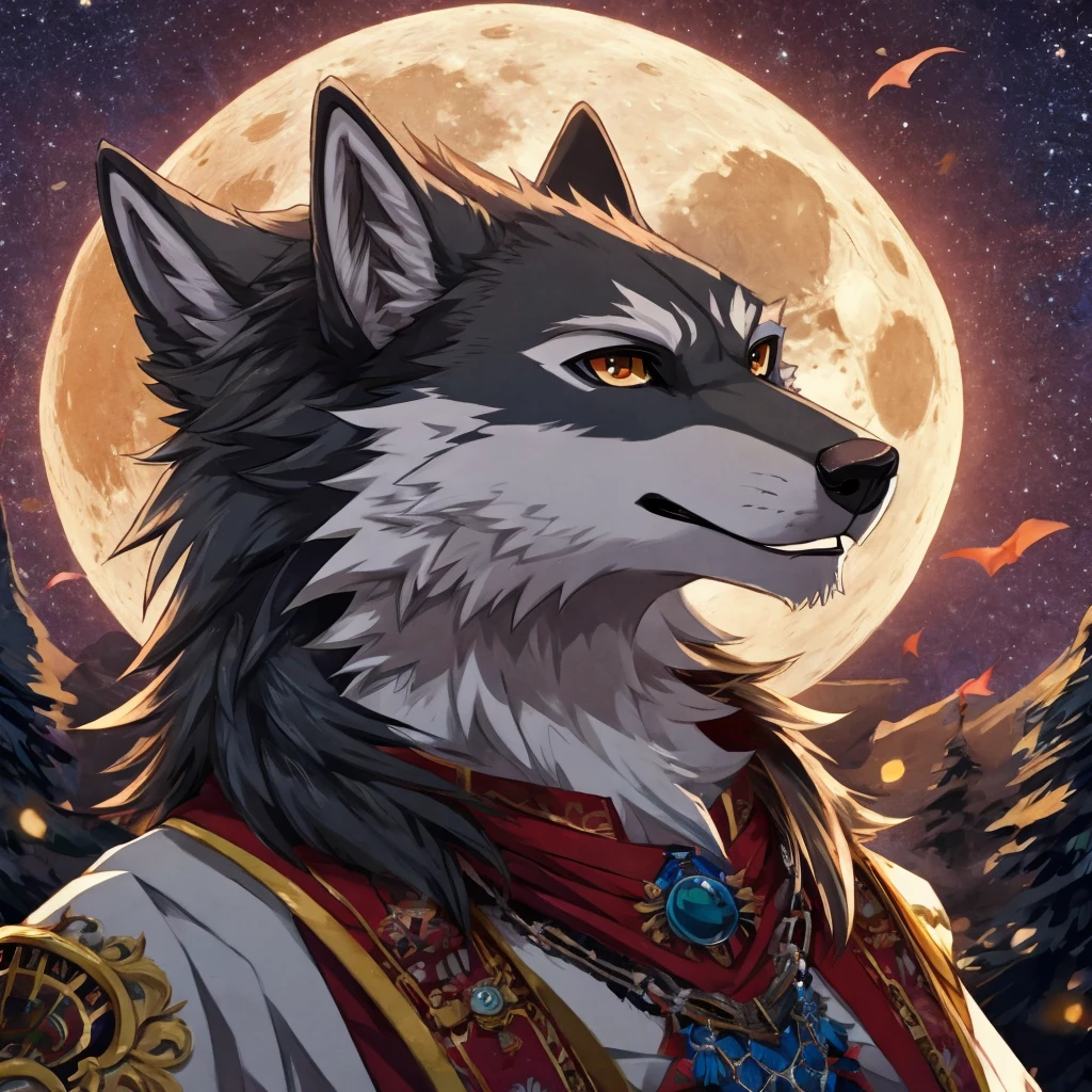Portrait of a majestic dark grey wolf in anime style. A full moon in the background. Anatomically correct.