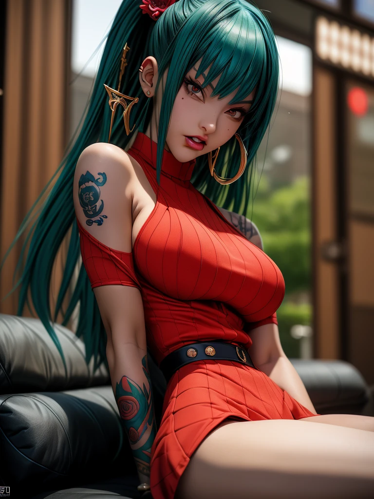 Close up of a person with tattoos on his arms, Bulma from Dragon Ball, [ trending on featuring.cgsociety ]!!, anime character; Full body art, anime styled 3d, Realistic anime in 3D style, 2d anime style, deviantart artstation cgscosiety, cyberpunk angry beautiful goddess, 🌺 featuring.cgsociety, Inspired by Rosedraux