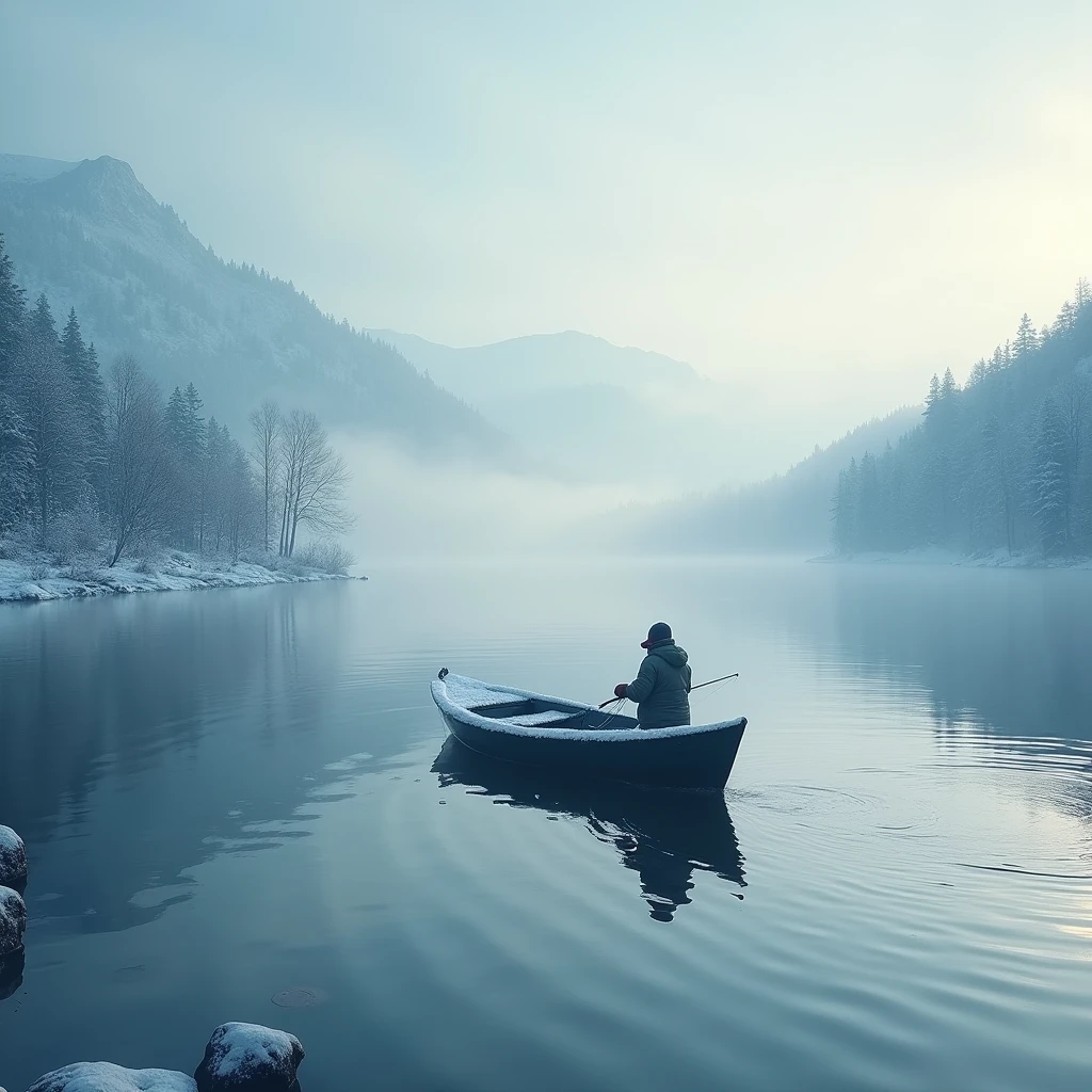 winter snow, boat on middle of lake. Showcasing the diversity of fishing activities through the changes and features of the season. Beautiful cinematic lighting, surreal, color graded, dynamic movement, captivating chiaroscuro, full body, award-winning, cinematic still, emotional, vignette, dynamic, vivid, (masterpiece, best quality, photorealistic, Professional, perfect composition, very aesthetic, absurdres, ultra-detailed, intricate details:1.3)
