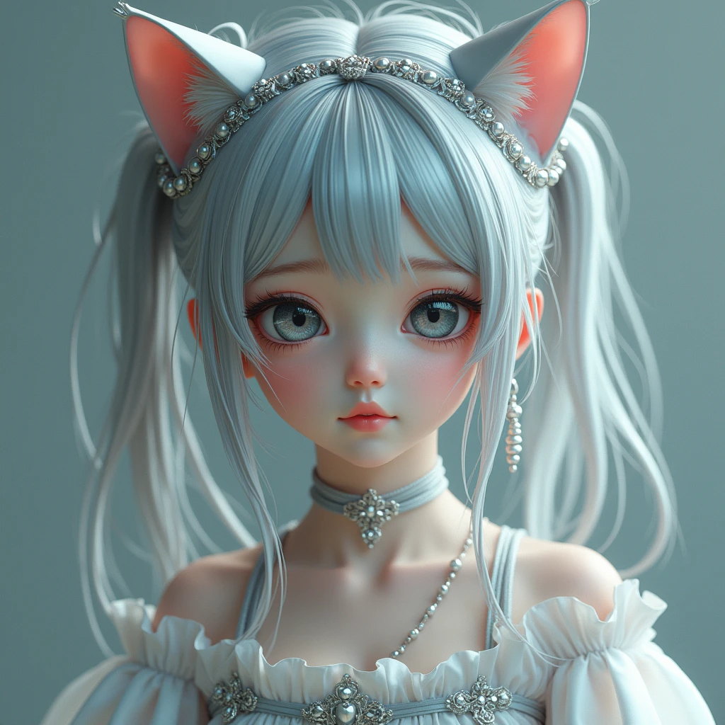 1 girl, solo, twin tails, grey eyes, upper body, dress, silver hair, cat ears, (best quality, 4k, 8k, highres, masterpiece:1.2), ultra-detailed, realistic, photorealistic, photo-realistic:1.37, vivid colors, sharp focus, professional, physically-based rendering