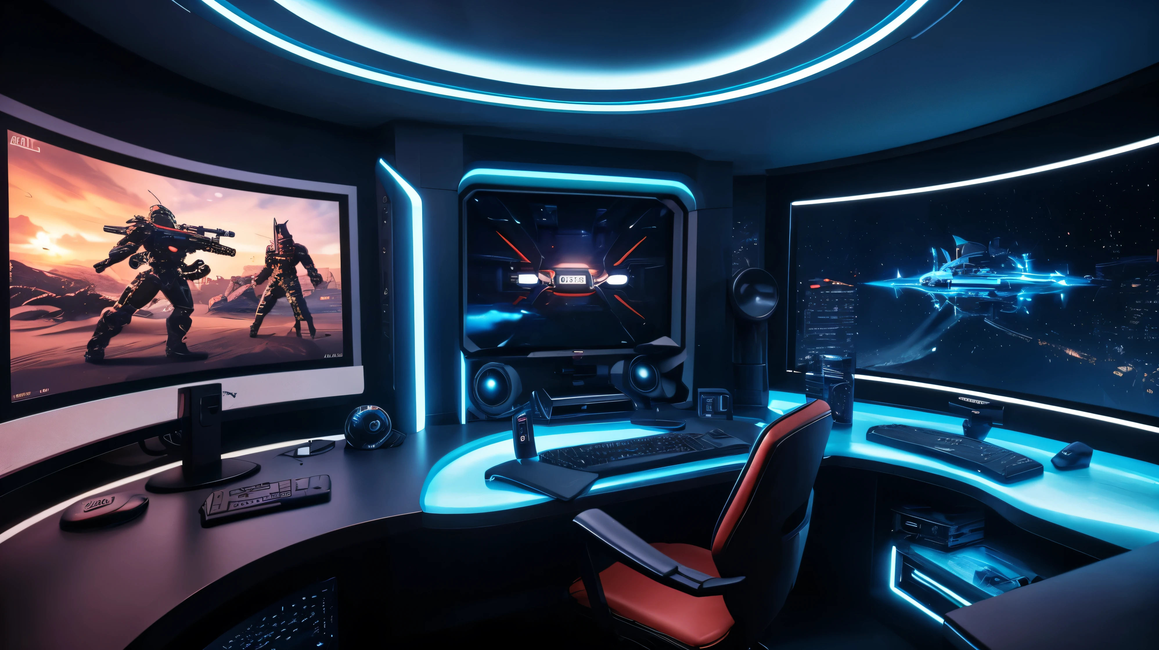 scifi, futuristic dark pc gaming room, 3 curved monitors, futuristic, hightech, hard-surface design, daylight, much tech, much electronic, very cozy, ambient light, realistic view, wide angle, year 2224