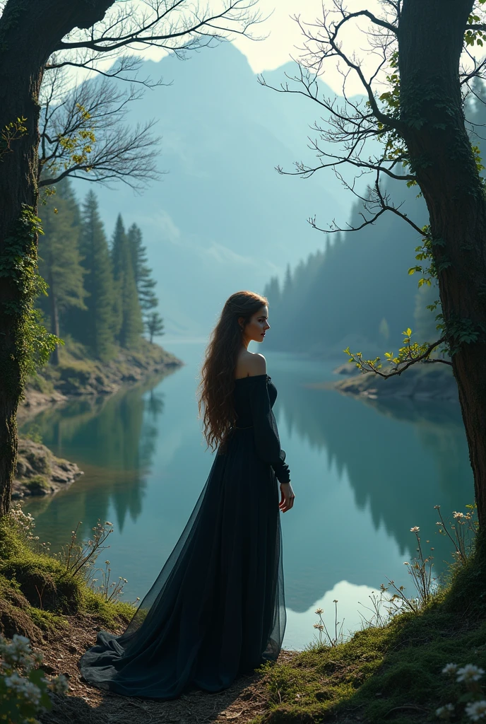 (Dark magic:1.2), (Grim:1.1) forest, springtime，A stuning woman stands in the Alps, (Intricate details), A mirror-like lake，(ultra - detailed), 8k hdr, high detal, A lot of detail, High quality,Tyndall effect， (Colored:1.5)