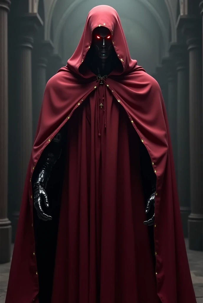 character is a robot, , Eyes red , wears a dark red cape that covers his entire body with a hood over his head, its cover has gold details on the edge of the sleeve