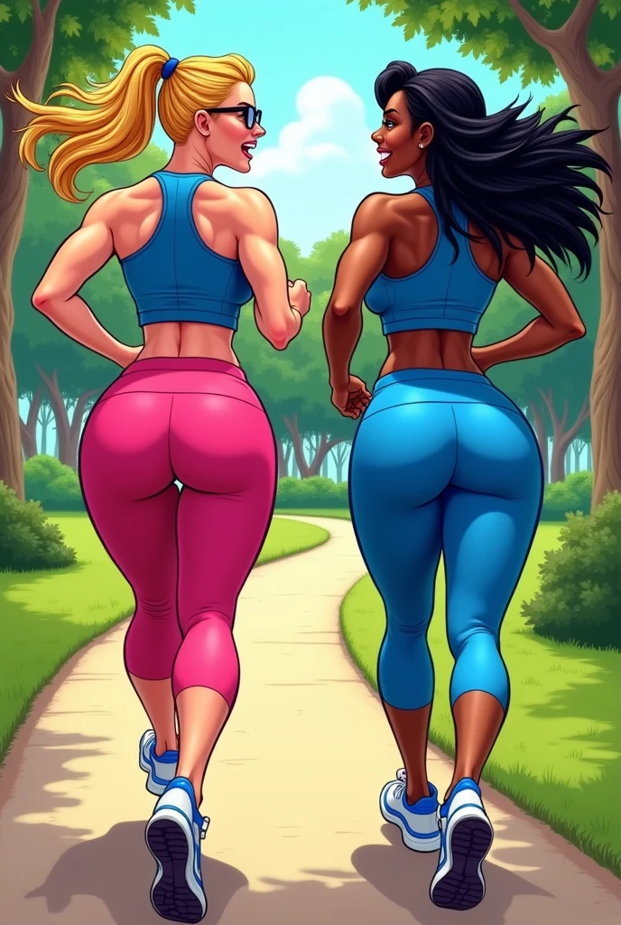 A blonde woman with curly hair tied back and glasses, culona, big boobs, blue tank top, Pink tight sports mini shorts running in a park with her black haired friend with dark skin in blue sportswear with a big butt and toned abdomen and mega busty E cup breasts, both talking in comic book format
