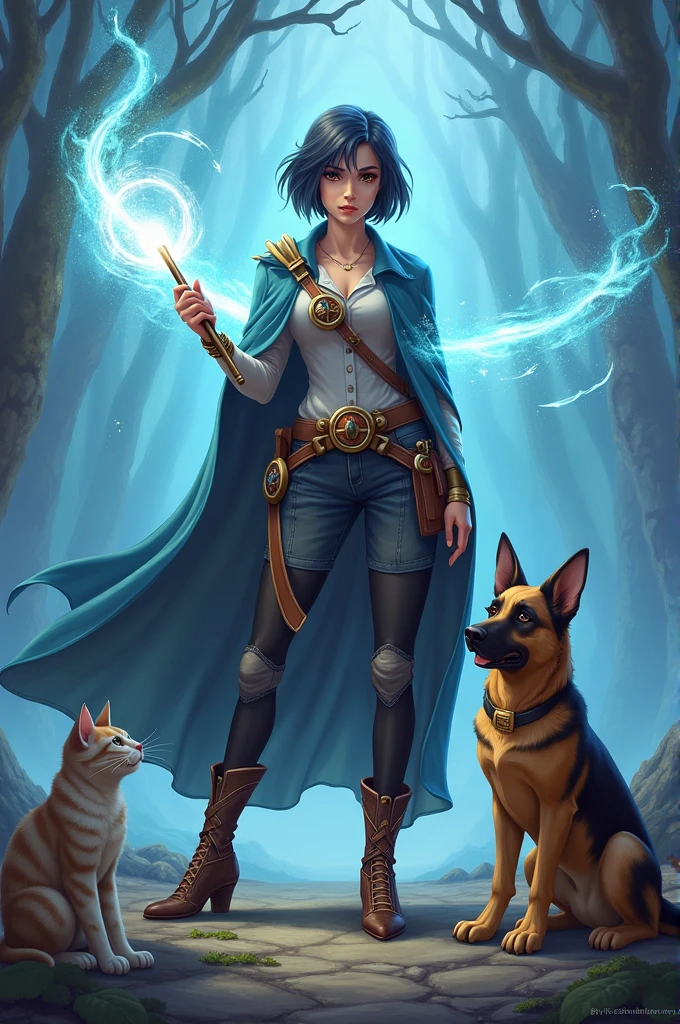 ```json
{
"size": "1024x1024",
"prompt": "A powerful 18-year-old girl standing confidently, holding a glowing magic stick in her hand. She has a determined expression, with short hair and is dressed in a fantasy-inspired outfit. A loyal German Shepherd dog stands by her side, and a small cat sits near her feet. The background features a mystical landscape with swirling magical energy around them, emphasizing her strength and magical companions."
}
```