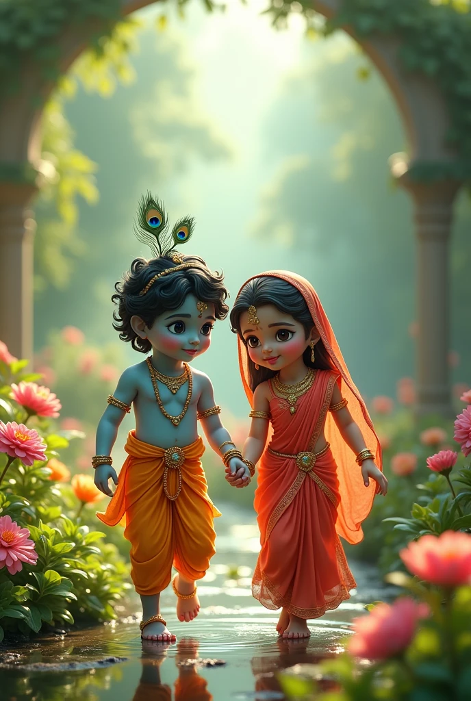 Goddess Radha and Lord Krishna as childs playing in the garden , Indian God, 8K render, facing towards the viewers