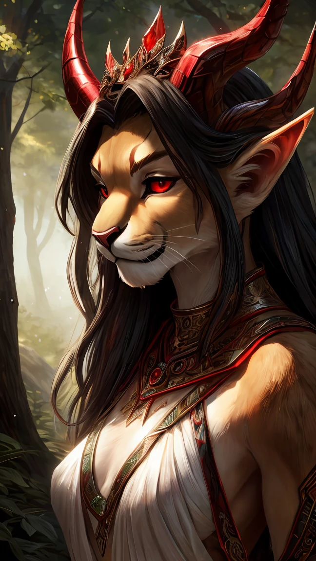 lioness, naked, black fur,elf ears (horns on head) ,black hair (Red eyes)(Best quality,ultra detailed),bright colors,sharp focus,realistic,photorealistic:1.37,Forest background,warm sunlight,portrait,anime style,green foliage,elegant,playful,lush,flirty,bright features,enticing expression,seductively posing,Lush landscapes,wild and wild atmosphere,bewitching look,long flowing white hair,swaying gracefully,Светящиеся Red eyes,shrill, but exciting,horns,small waist,(no underwear),tantalizingly revealing,confident and radiant energy