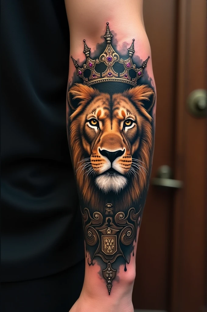 Lion arm tattoo with king's crown on arm