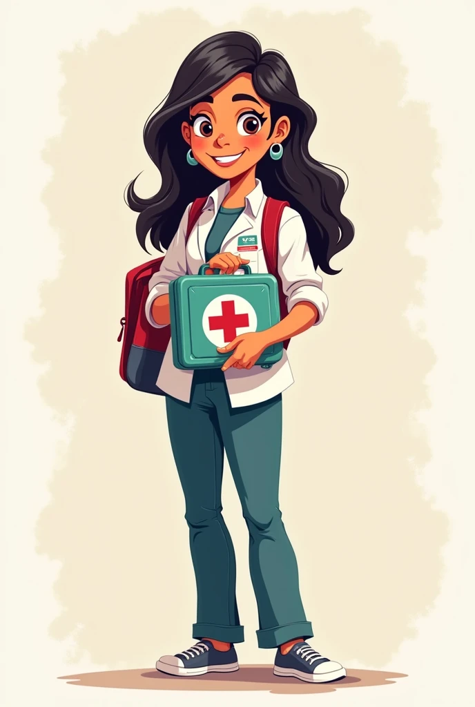 I am looking for an illustration of a TEACHER WITH A FIRST AID KIT in the following style:
drawing style: Modern and vector, with smooth, clean lines, and vibrant colors.
facial features: Cartoonish but realistic, with friendly and varied expressions.
Diversity: Representation of a woman, young and Guatemalan.
outfit: Professional or educational clothing.
Color: Using a palette of bright and contrasting colors that are pleasant and eye-catching.
FORMAT: Illustrations arranged in a book or manual style.
This illustration is intended for a guidance and training manual, so it must be clear, accessible and visually appealing."