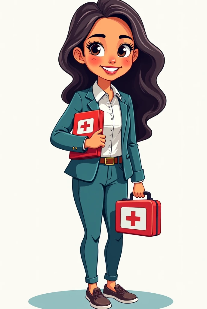 I am looking for an illustration of a TEACHER WITH A FIRST AID KIT in the following style:
drawing style: Modern and vector, with smooth, clean lines, and vibrant colors.
facial features: Cartoonish but realistic, with friendly and varied expressions.
Diversity: Representation of a woman, young and Guatemalan.
outfit: Professional or educational clothing.
Color: Using a palette of bright and contrasting colors that are pleasant and eye-catching.
FORMAT: Illustrations arranged in a book or manual style.
This illustration is intended for a guidance and training manual, so it must be clear, accessible and visually appealing."