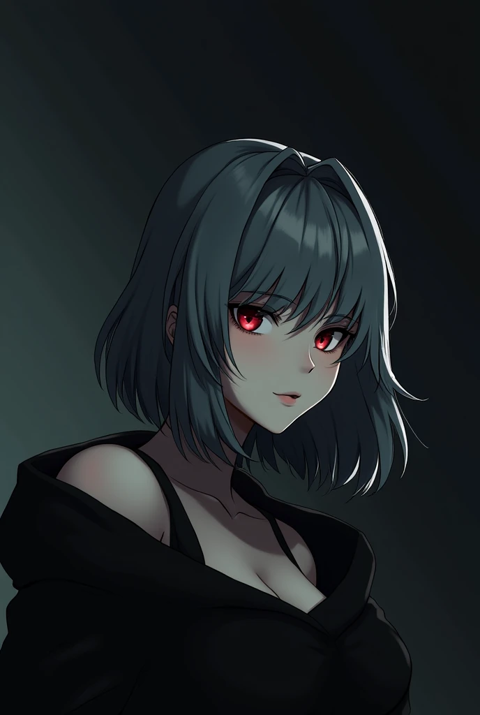 A woman of striking presence, with medium-length white hair that falls in soft waves around her face. His eyes are a deep crimson red