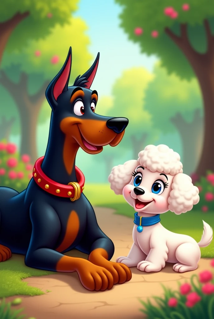 I want a Disney-style cartoon drawing where a Doberman dog with a red collar is lying next to a small white male French Poodle dog with a blue collar., with a park background 