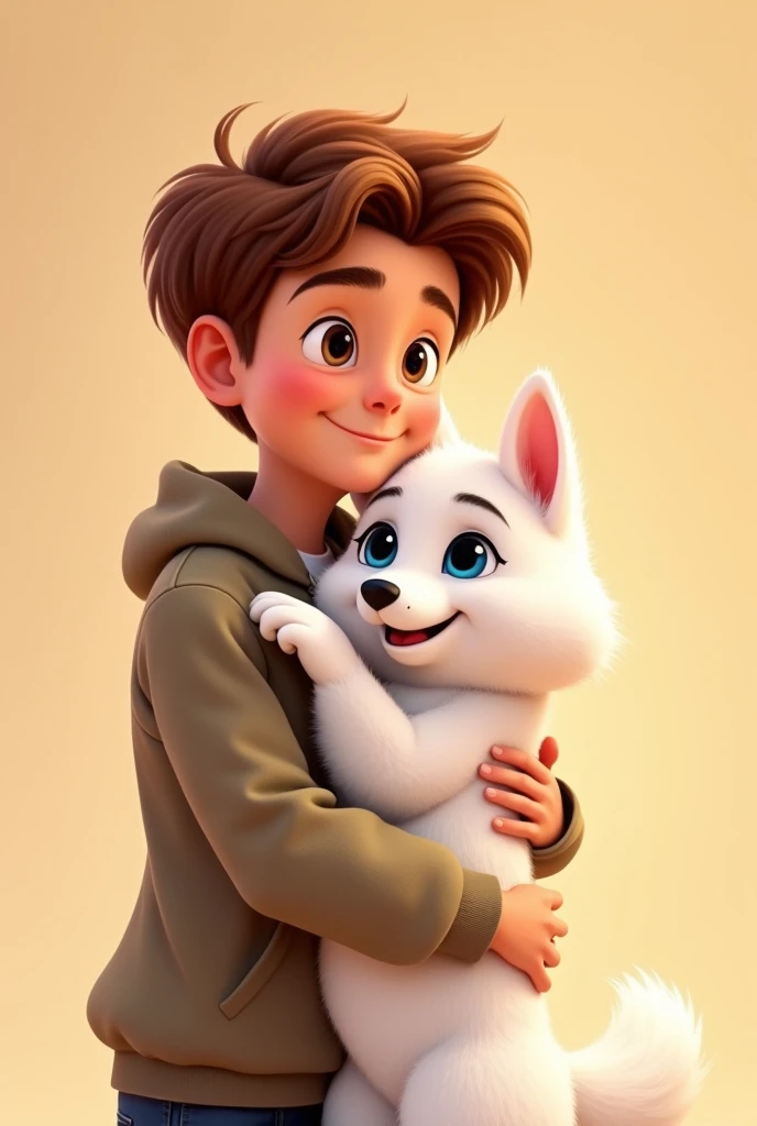 Create a Disney-style cartoon image of a young man (no child) Chestnut hugging a small totally WHITE husky with blue eyes with a beige background That same image but make the white husky without any other color