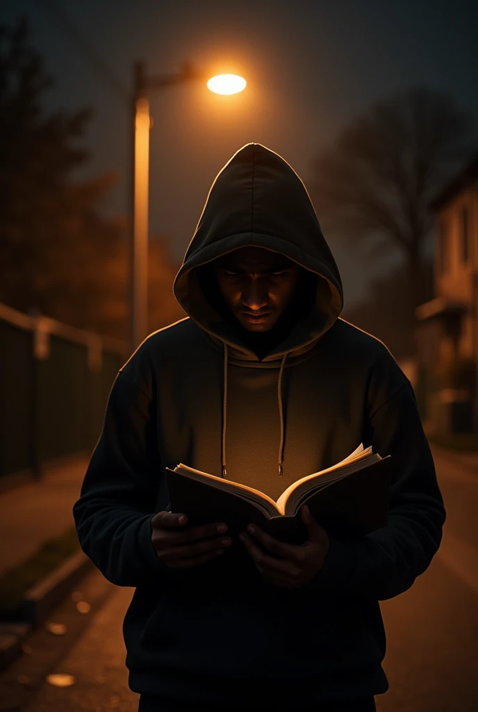 A book in hand towards the street light pole
