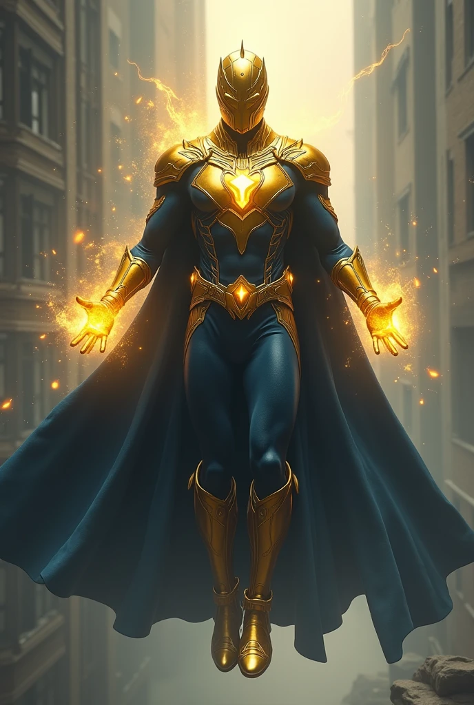 Superhero, golden knight full helmet, golden amulet, golden gloves and boots, golden belt, dark blue costume, floating pose, glowing hands