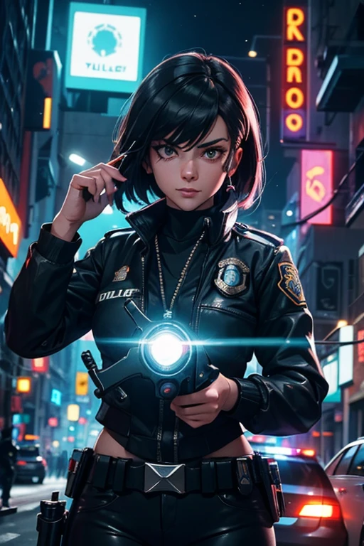 In a cyberpunk city, a police woman point her revolver at a criminal. It’s night and the lights of the flashing lights illuminate her face. 8K image