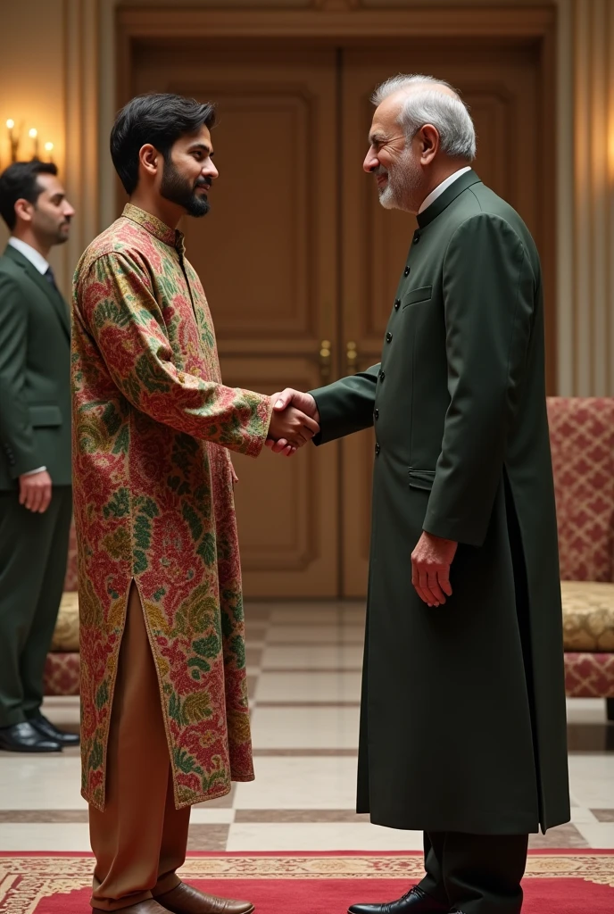 young man wear pakistani dress hand shake with prime minister of pakistan