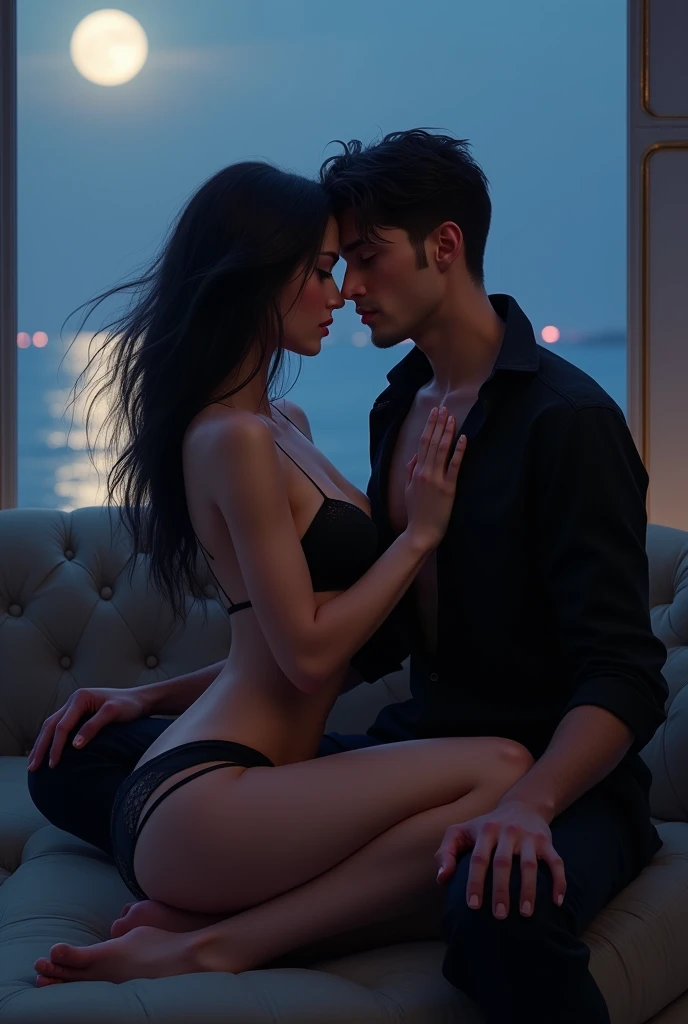 beautiful woman, grey eyes and long black hair, She is sitting side by side on top of a man's legs,In a sexual lotus position the woman is wearing black lingerie, The man is wearing a black shirt with unbuttoned buttons and black pants., They look at each other with lust. They are on a sofa next to a large window, with sea view, at night, Moon.