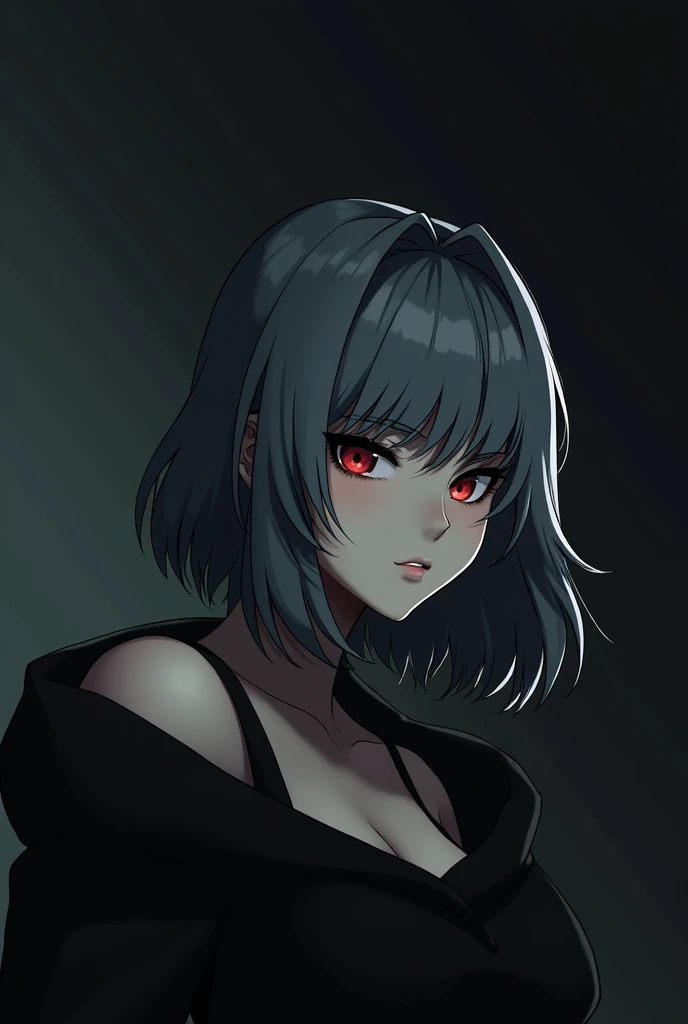 A woman of striking presence, with medium-length white hair that falls in soft waves around her face. His eyes are a deep crimson red