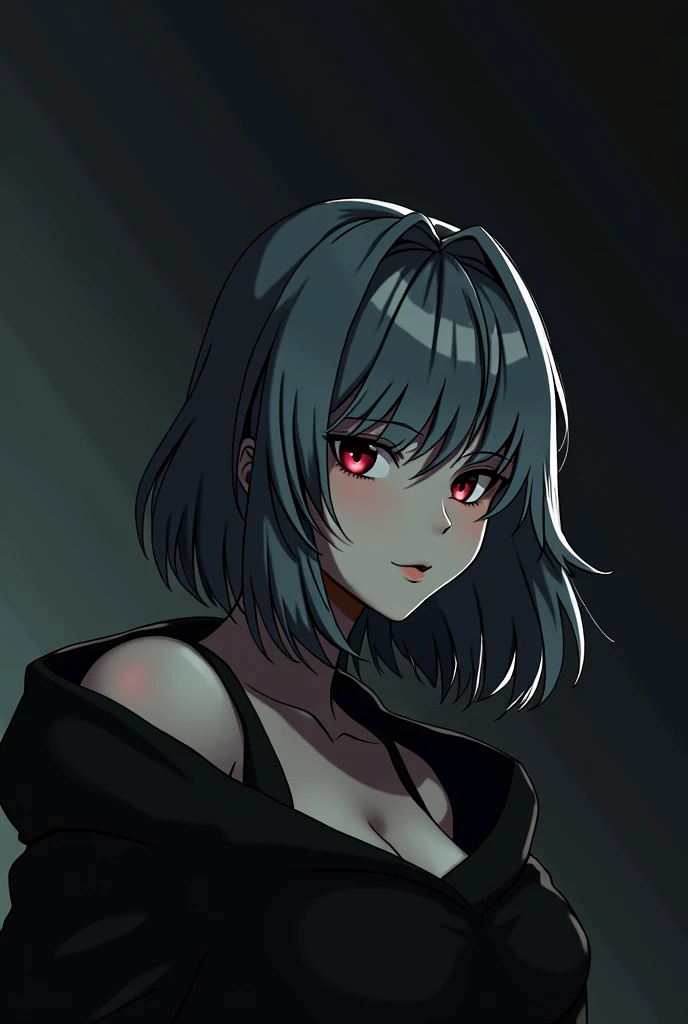 A woman of striking presence, with medium-length white hair that falls in soft waves around her face. His eyes are a deep crimson red