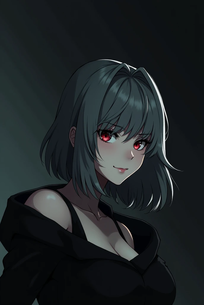 A woman of striking presence, with medium-length white hair that falls in soft waves around her face. His eyes are a deep crimson red