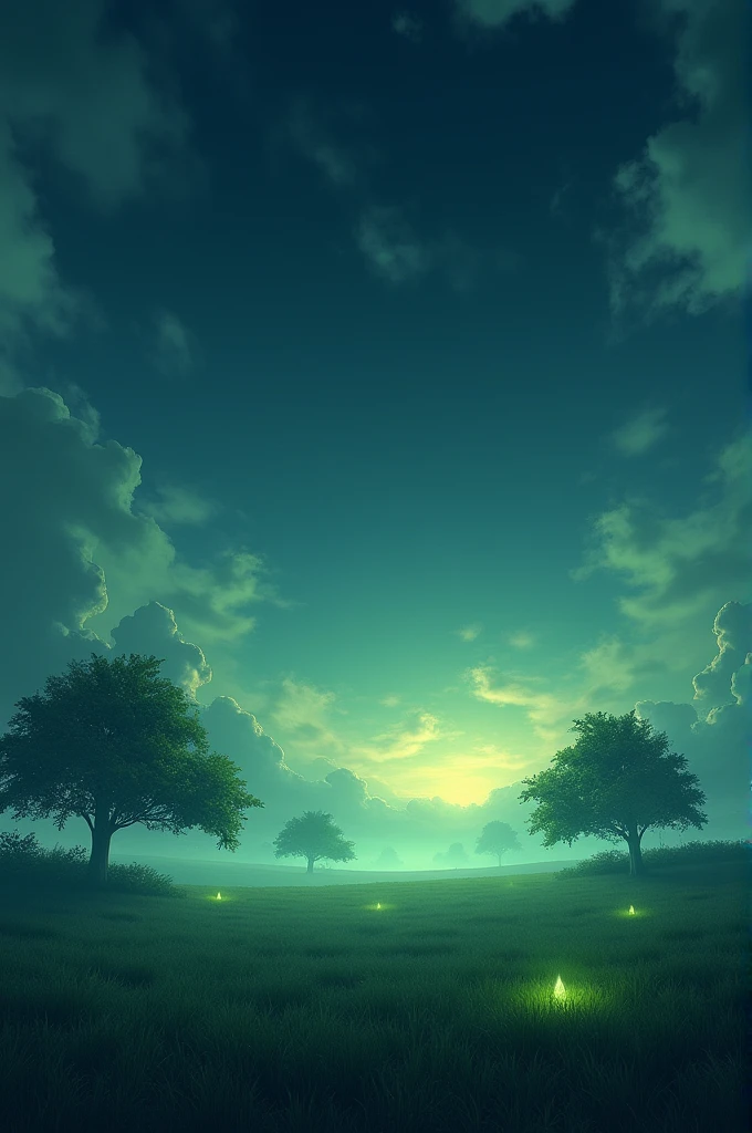 A night sky , a field with green light trees , the clouds 