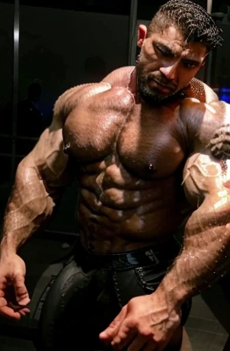 muscular black gay man, police uniform, gay gym, highly detailed, photorealistic, 8k, best quality, realistic lighting, dramatic shadows, muscular physique, chiseled abs, bulging biceps, intense gaze, confident expression, perspiring skin, realistic textures, dramatic pose, moody lighting, neon accents, glossy surfaces, hyper-detailed