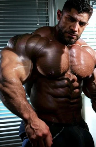 muscular black gay man, police uniform, gay gym, highly detailed, photorealistic, 8k, best quality, realistic lighting, dramatic shadows, muscular physique, chiseled abs, bulging biceps, intense gaze, confident expression, perspiring skin, realistic textures, dramatic pose, moody lighting, neon accents, glossy surfaces, hyper-detailed
